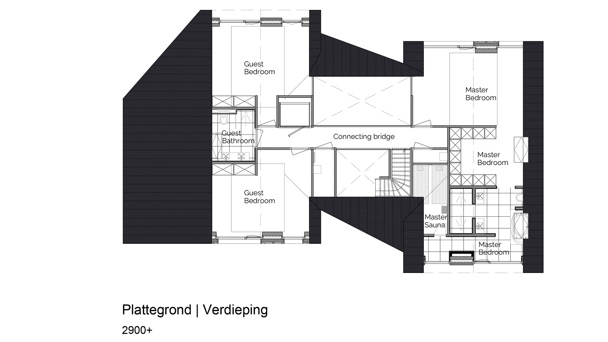 Floor plan of the first floor of a modern detached house. The plan shows two guest rooms with an associated bathroom on the left, connected by a bridge to a large master bedroom on the right, which also includes a sauna. The floor plan is in black and white colour scheme, detailed and drawn to scale with clear labelling of the rooms.