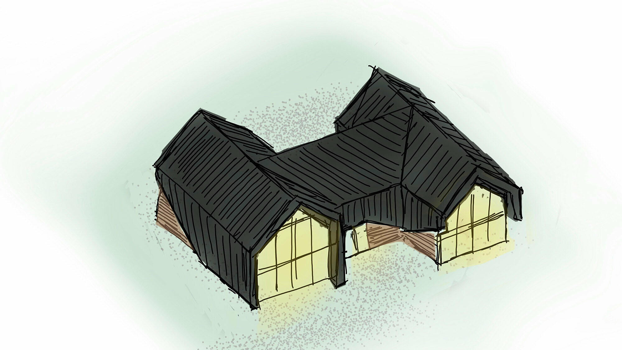 Concept drawing of a modern detached house with several pitched roofs, covered with black Prefalz roofing sheets. The walls are made of exposed wood and large glass windows that provide bright interior lighting. The sketch shows the house from a bird's eye view, emphasised by the shadow effect and the slight blurring, which gives the impression of a lively and dynamic representation.