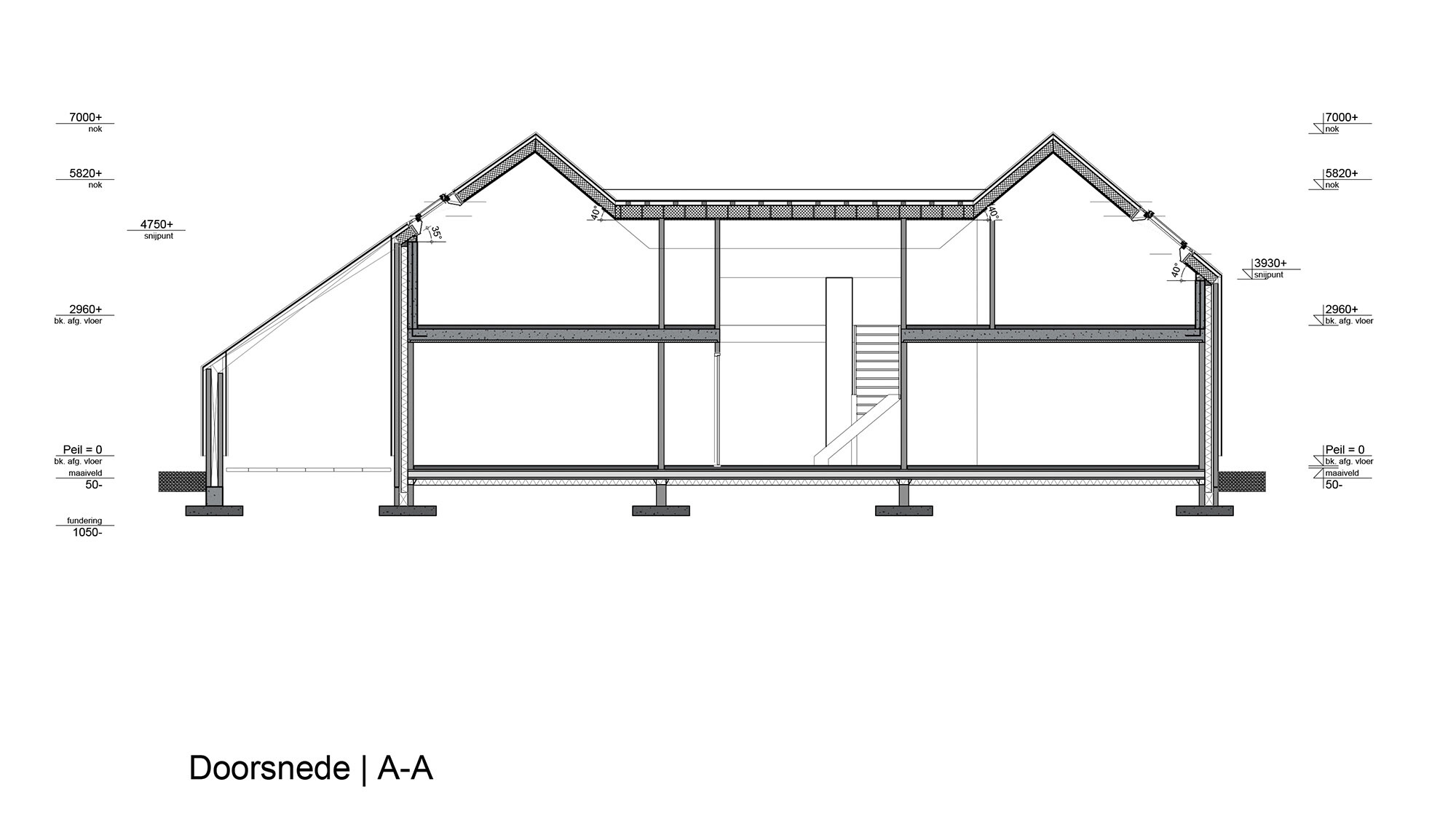 Sectional drawing of a detached house showing the internal structure with different levels and ceiling heights. The drawing shows the pitched roof, the beams and columns, the room heights and the foundations. In addition, the dimensions for the height points such as gable ends and floor levels are noted in detail. A staircase connecting the floors is shown in the centre of the house. The illustration is very detailed and technical, with all relevant dimensions for the construction.