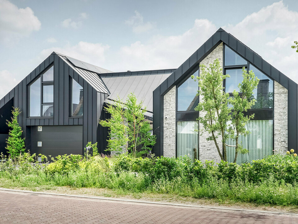 View of a modern detached house with pointed gable roofs made of black Prefalz material, located in a quiet street. The house combines a dark façade with light-coloured brick accents and large areas of glazing. Young trees and a naturally landscaped front garden frame the house and blend into the peaceful neighbourhood.