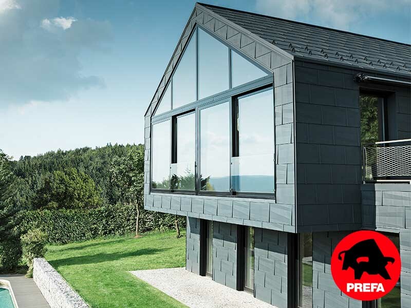 PREFA rear-ventilated façade with FX.12 roof and façade panels in P.10 anthracite