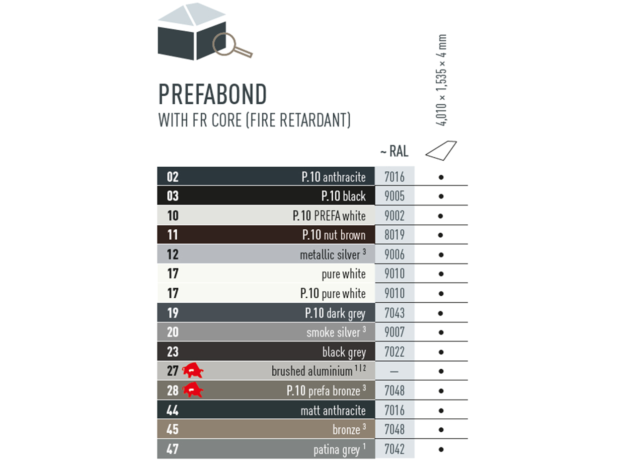 Colour table chart showing what colours PREFABOND aluminium composite panels are available in. PREFABOND aluminium composite panels are available in various P.10 and standard colours.