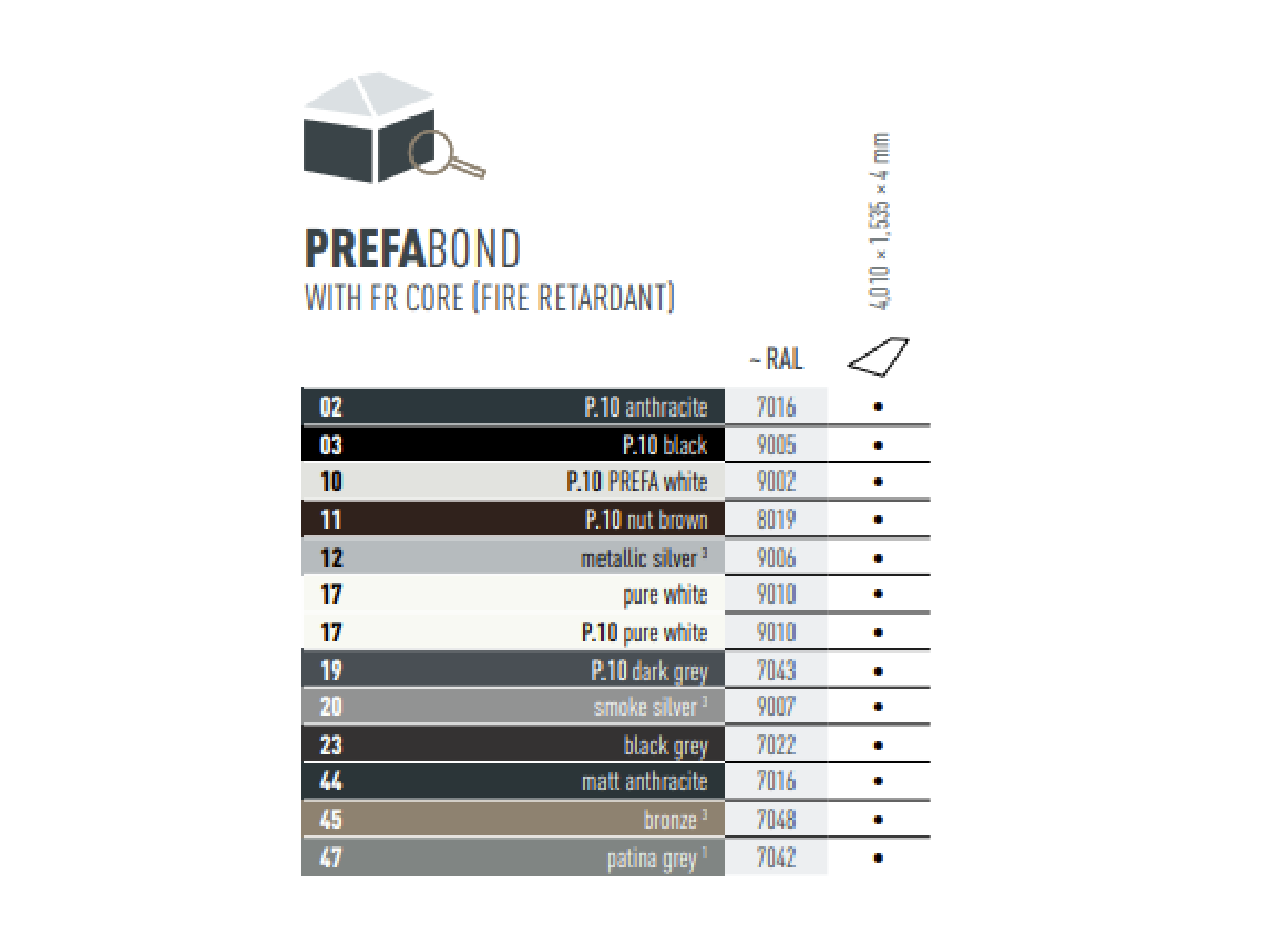 Colour table chart showing what colours PREFABOND aluminium composite panels are available in. PREFABOND aluminium composite panels are available in various P.10 and standard colours.
