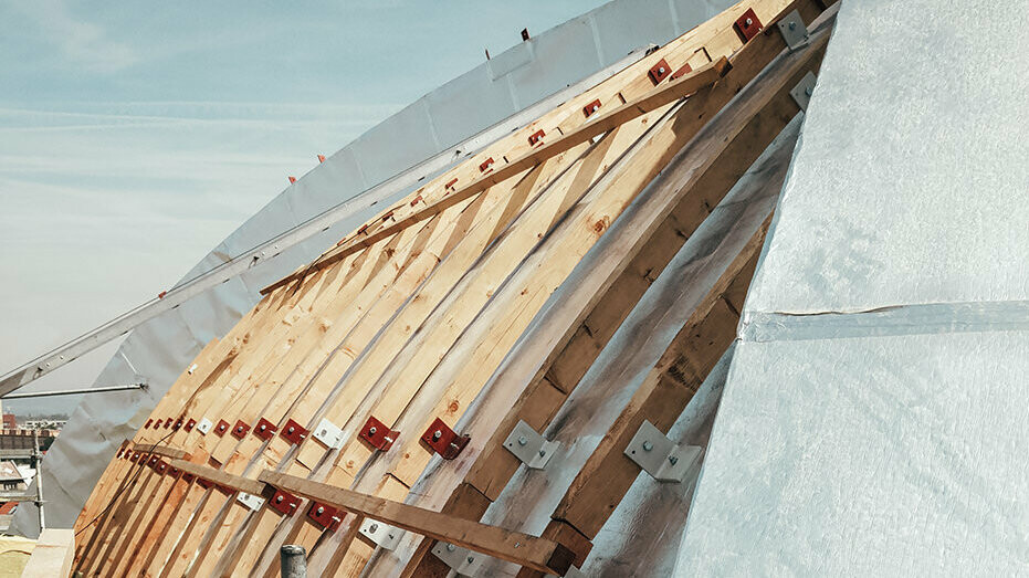 Spilka Offices, construction site, cupola reconstruction, bottom rafter insulation, mineral wool