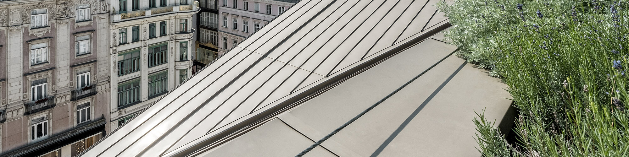 Detail view of the PREFA roof, with greenery on the right and a section of the cityscape surrounding the luxury hotel on the left.