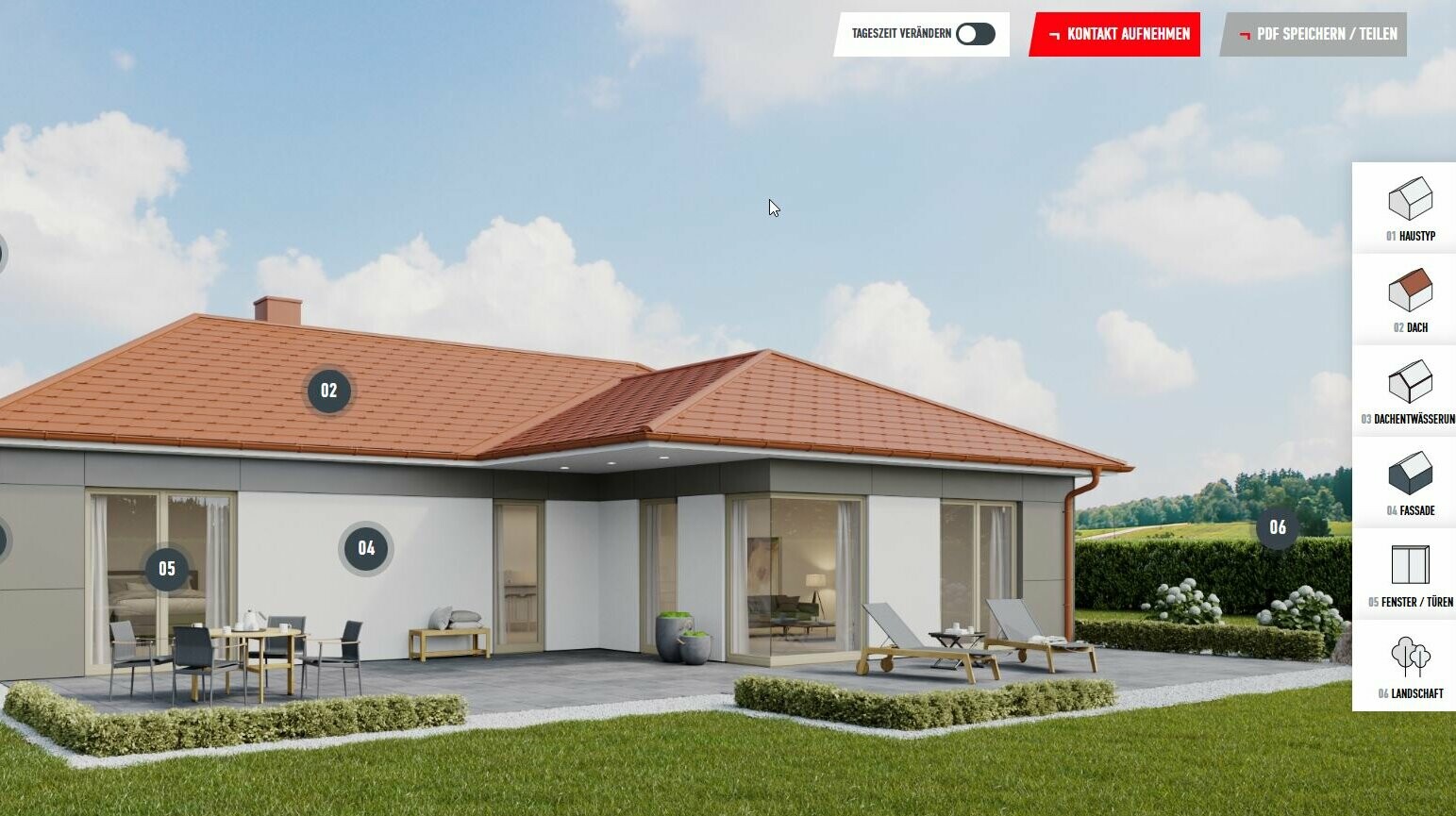 Example of the configuration view of a bungalow with DS.19 roof shingles in the colour P.10 brick red. The façade is clad with Prefabond in the colour smoke silver.