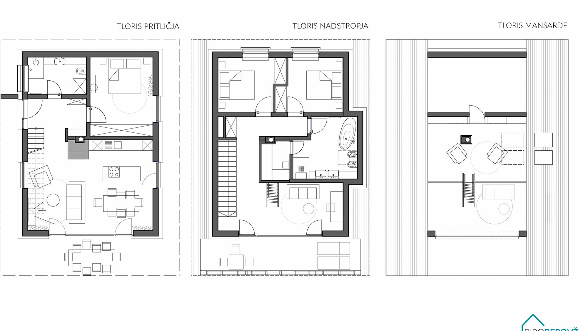 The picture shows the floor plans of the Alpine chalet on three different levels. From left to right, the following levels can be seen: "TLORIS PRITLIČJA" - which means "ground floor plan". "TLORIS NADSTROPJA" - which can be translated as "floor plan of the upper floor". "TLORIS MANSARDE" - this refers to the "floor plan of the attic" or mansard. The drawings show the layout of the rooms, doors, windows and furnishings as well as the entrances and staircases connecting the different floors.  Translated with DeepL.com (free version)