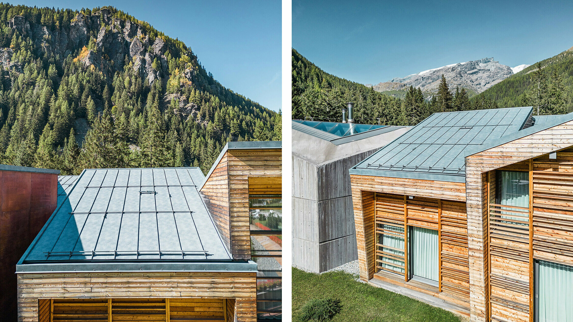 Left: Frontal view of one of the small roofs with the mountains in the background. Rechts: Detail view of the roofscape.