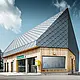 Rigi Railway Scheidegg mountain station in Goldau, Switzerland. The roof and part of the façade were covered with the 44 x 44 rhomboid roof and façade tile in P.10 stone grey.