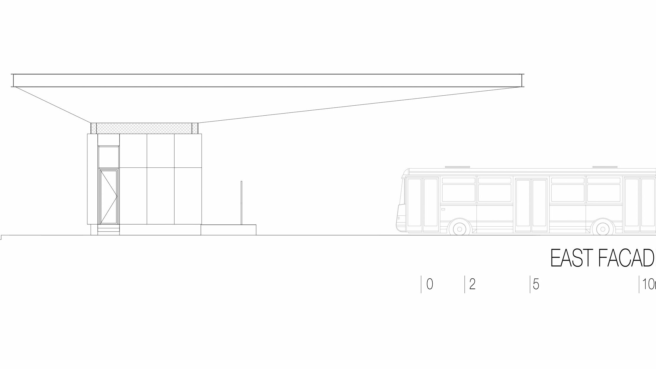 The drawing shows the eastern view of the "Autobusni Kolodvor Slavonski Brod" bus stop in Croatia. The illustration emphasises the slender, horizontal structure of the white PREFA Prefalz roof, which extends over the entire length of the building. Under the roof is a rectangular structure with clear lines and large glass surfaces. A bus can be seen on the right-hand side of the drawing, which emphasises the proportions of the bus stop in relation to a vehicle. The eastern view highlights the modern and functional architecture of the bus stop, which creates a bright and inviting atmosphere through the use of glass and aluminium.