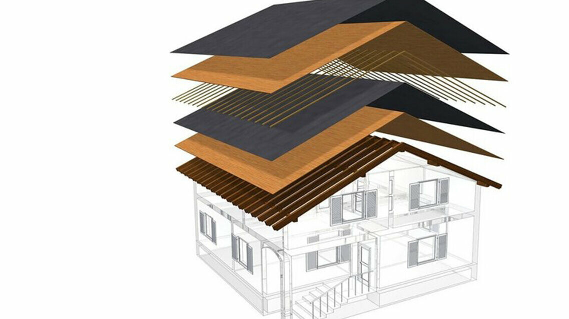 Technical drawing of a cold roof structure, multi-skin roof structure with battens, full casing, separation layer, truss; attic can be used as living space; double-skin roof structure, ventilated roof construction; counter battens