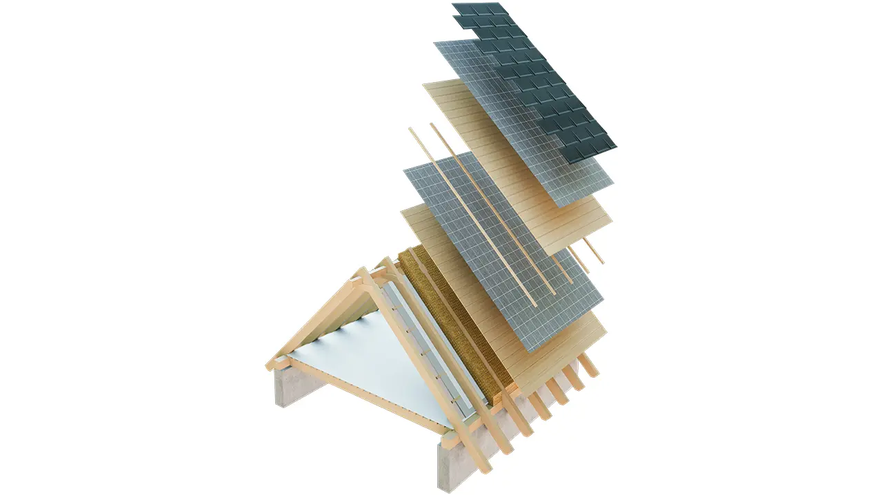 Technical drawing of a cold roof structure, multi-skin roof structure with battens, full casing, separation layer, truss; attic can be used as living space; double-skin roof structure, ventilated roof construction; counter battens