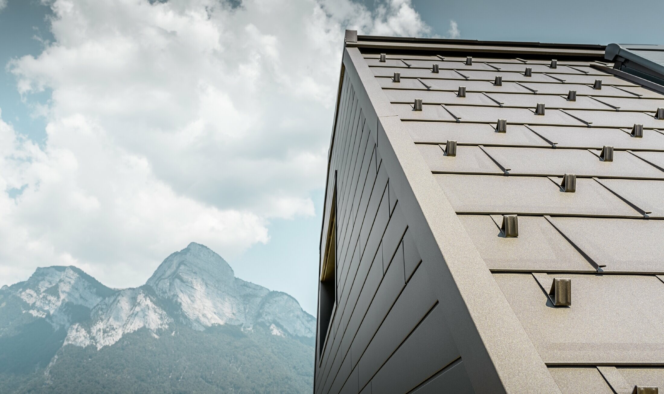 Close-up of the PREFA R.16 roof tile in P.10 brown, incl. surround, and mountains as well as a cloudy sky in the background.