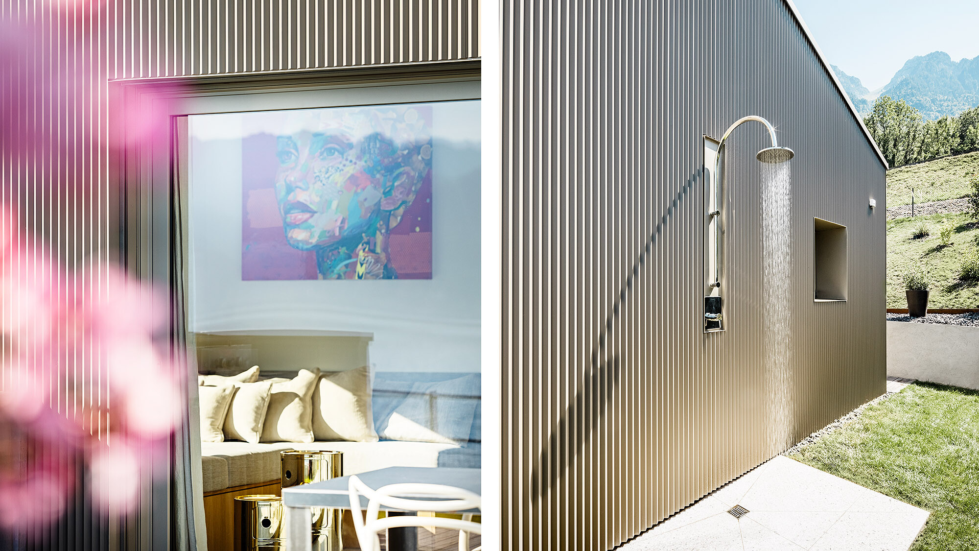 On the left: a view, framed by pink flowers and bronze-coloured aluminium, into the interior with a couch and a painting. On the right: the external shower.