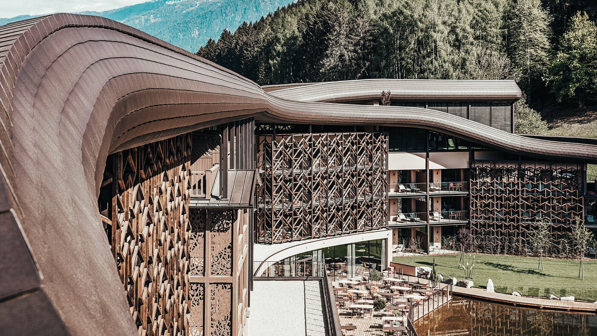 The roof wave in detail of the Falkensteiner Hotel in South Tyrol.