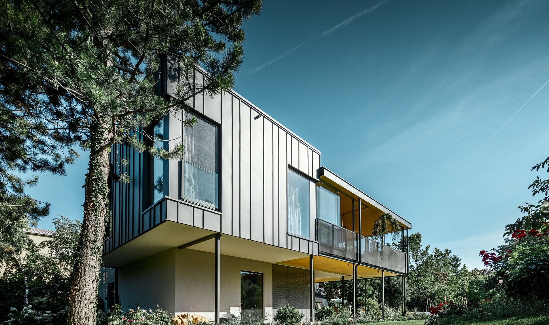 Modern detached house, resembling a tree house, surrounded by an ample garden full of trees, with a modest PREFA single-lock standing seam façade in black grey