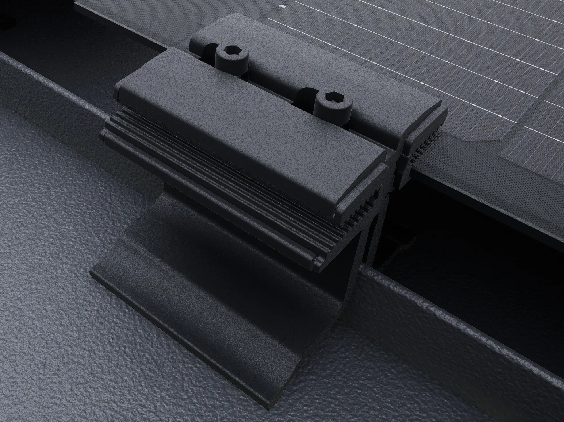 Close-up of the PREFALZ solar panel with black middle clamps. The panels are installed directly on the seams on the PREFALZ roof system. 