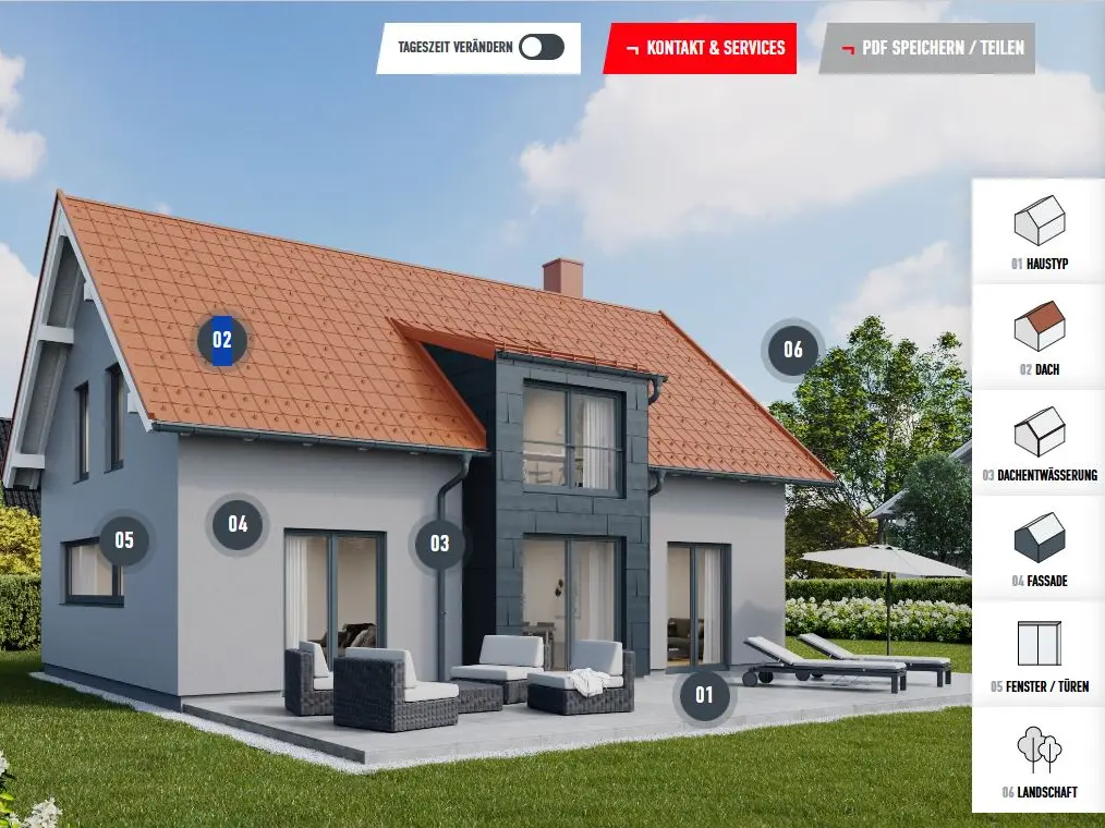 Façade configurator for façade renovation: interactive house view with selectable façade, roof and window options for customised design and planning of the new façade.