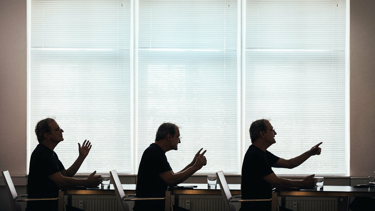 Three profile views of the architect Anton Mariacher looking to the right with different gestures.