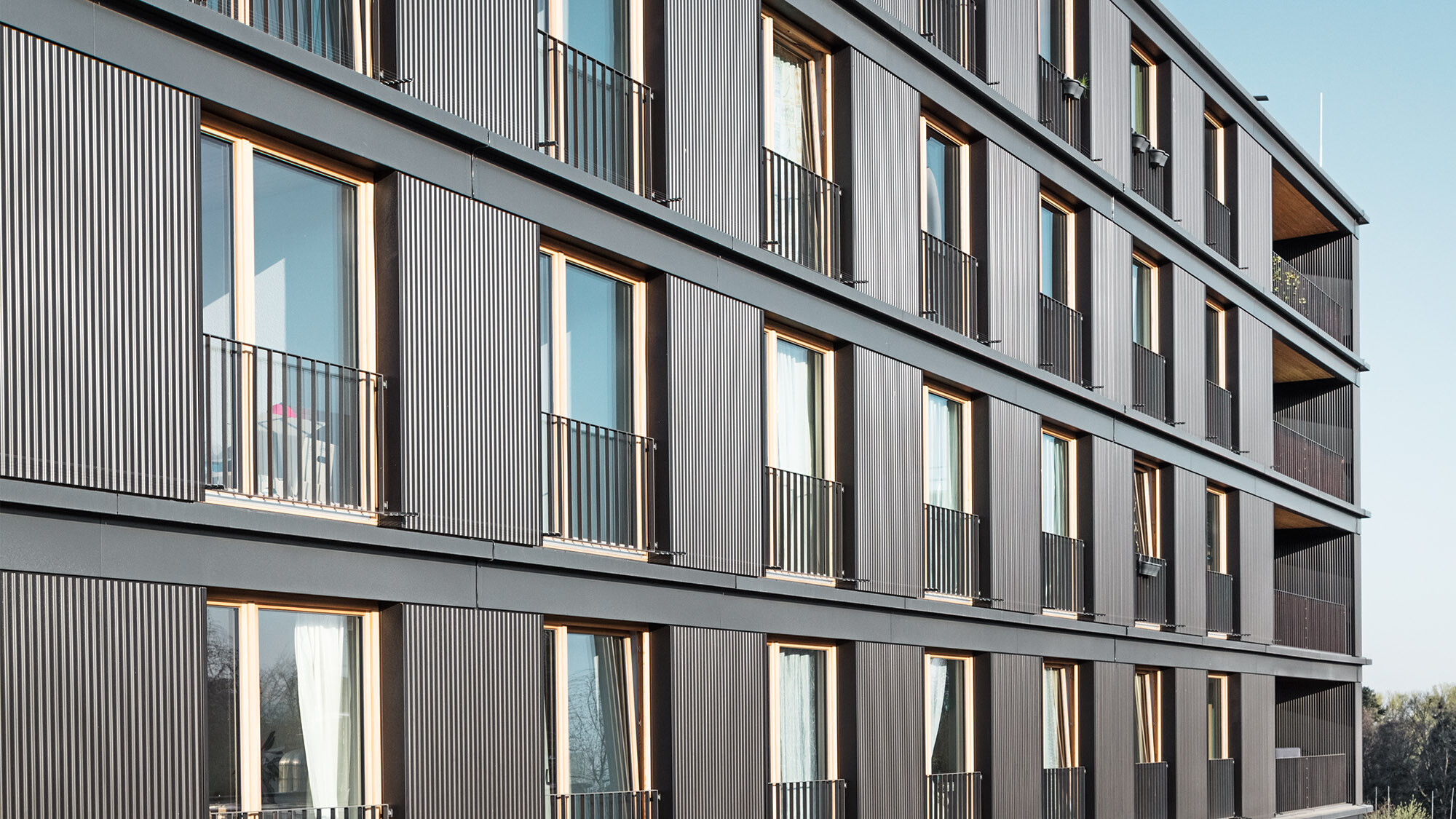 The building's profiled aluminium façade and windows from up close.