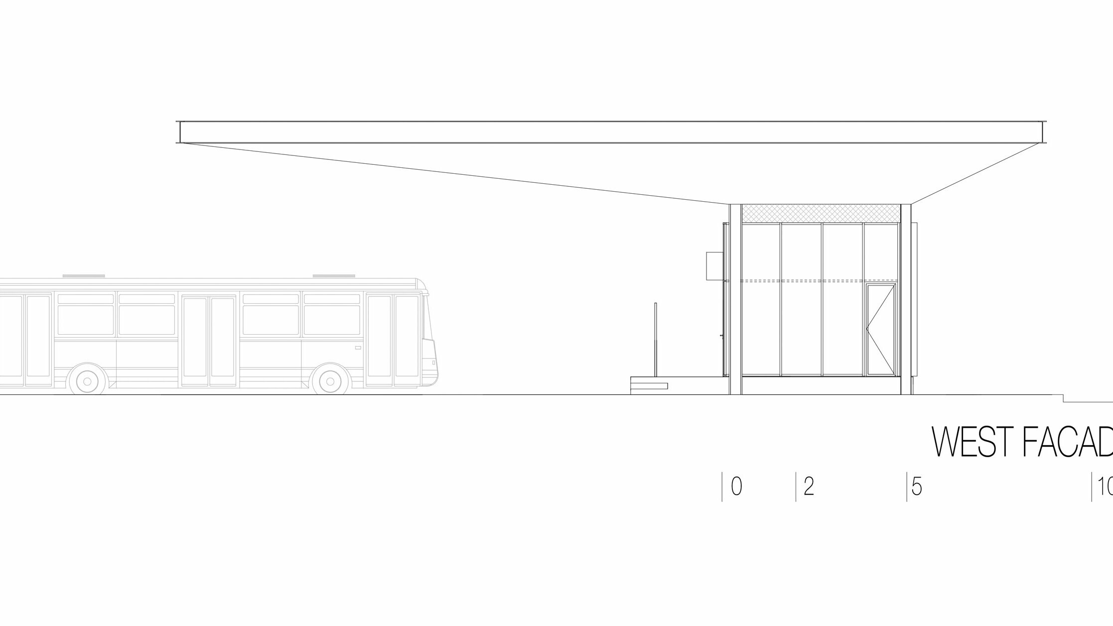 The drawing shows the west view of the "Autobusni Kolodvor Slavonski Brod" bus stop in Croatia. The illustration emphasises the long, horizontal white PREFA Prefalz roof, which protrudes over the area below. On the right of the drawing is a rectangular building with large glass surfaces and clear lines. On the left is a bus, which emphasises the proportions of the bus stop in relation to a vehicle. The western view emphasises the modern and functional architecture of the bus stop, which creates a bright and inviting atmosphere through the combination of glass and aluminium.