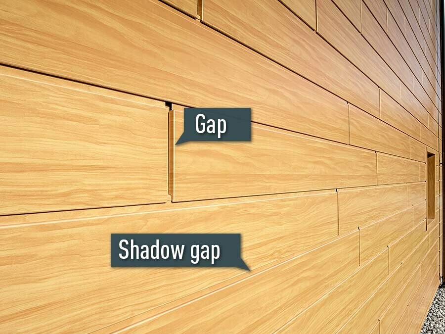 Illustration of sidings in light wood (wood effect) with the PREFA gap and shadow gap.