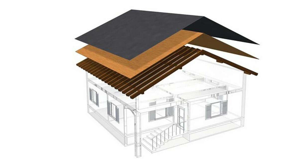 PREFA technical drawing of a single-skin roof structure – the attic cannot be used as a living space because it acts as the ventilation layer for the metal roof; full casing and separation layer without battens; warm roof