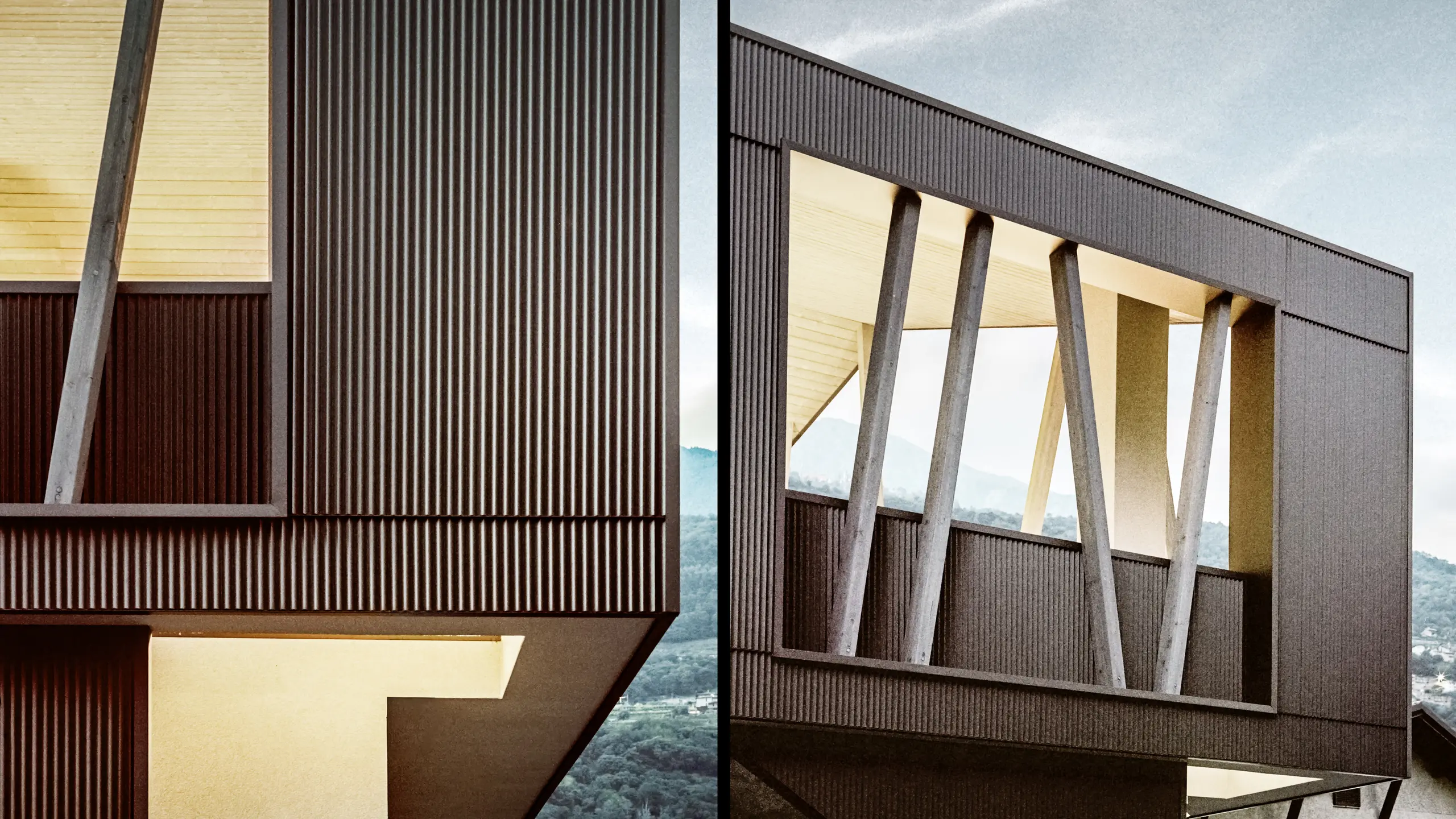 A montage of two shots of the building, both of which show the building with its serrated profile, the tilted wooden beams and the wooded mountain landscape in the background.