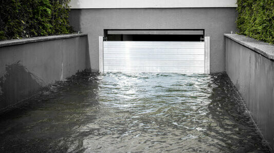 PREFA flood protection solutions protects the garage entrance from flooding