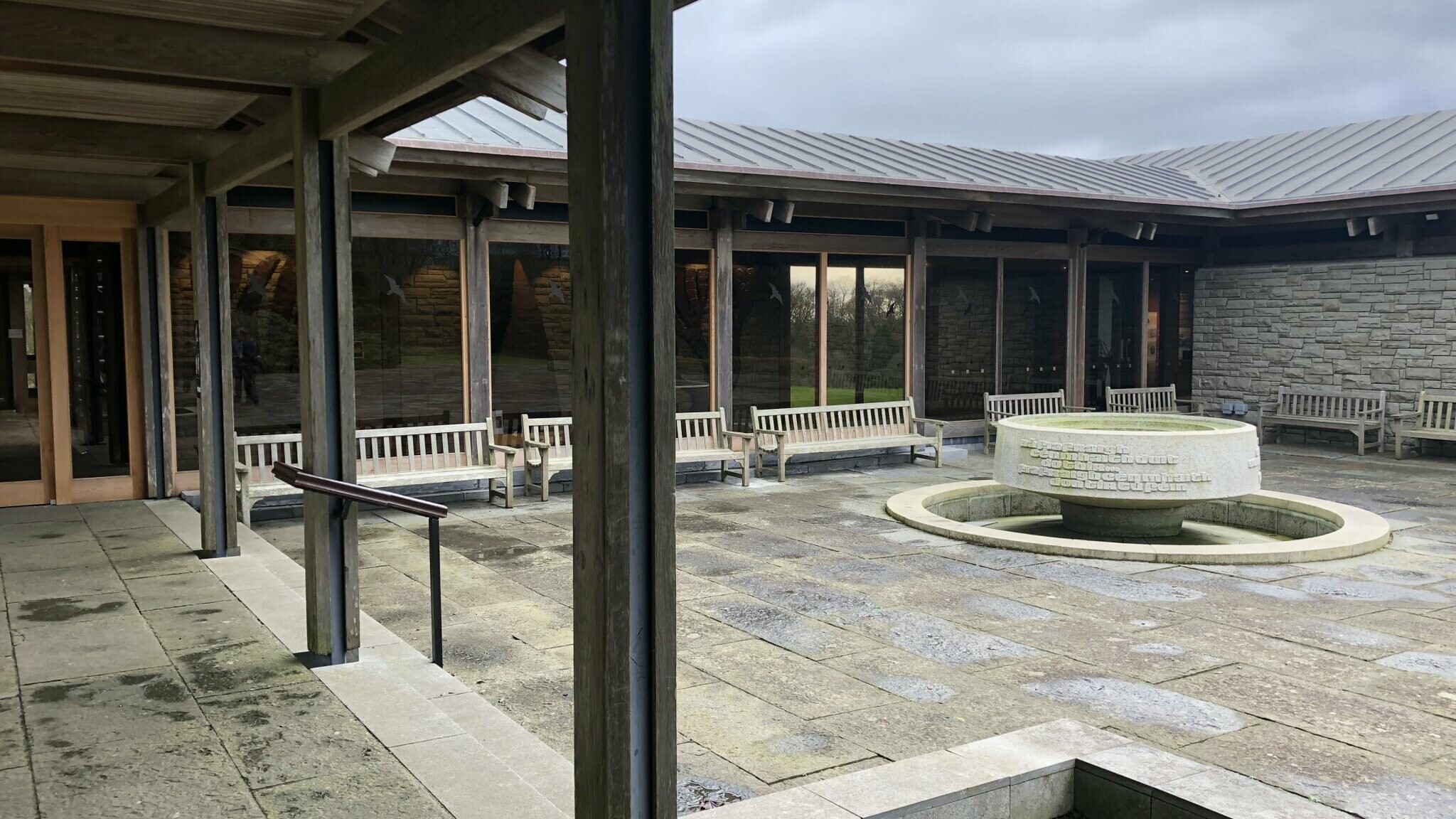 Inner courtyard of the visitor center of the John F. Kennedy Aboretum 
