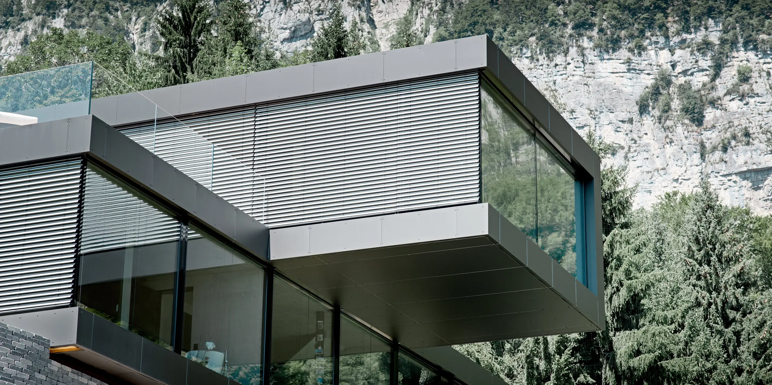 Modernes Einfamilienhaus in Walenstadtberg mit markanter Fassade aus schwarzgrauen PREFA Aluminium Verbundplatten vor beeindruckender Alpenkulisse. Die auskragende Architektur, großflächige Verglasungen und präzisen Fassadenkanten verleihen dem Gebäude eine kraftvolle, elegante Ausstrahlung. Die langlebige Aluminiumfassade überzeugt durch Wartungsarmut, Witterungsbeständigkeit und ein zeitlos modernes Erscheinungsbild.