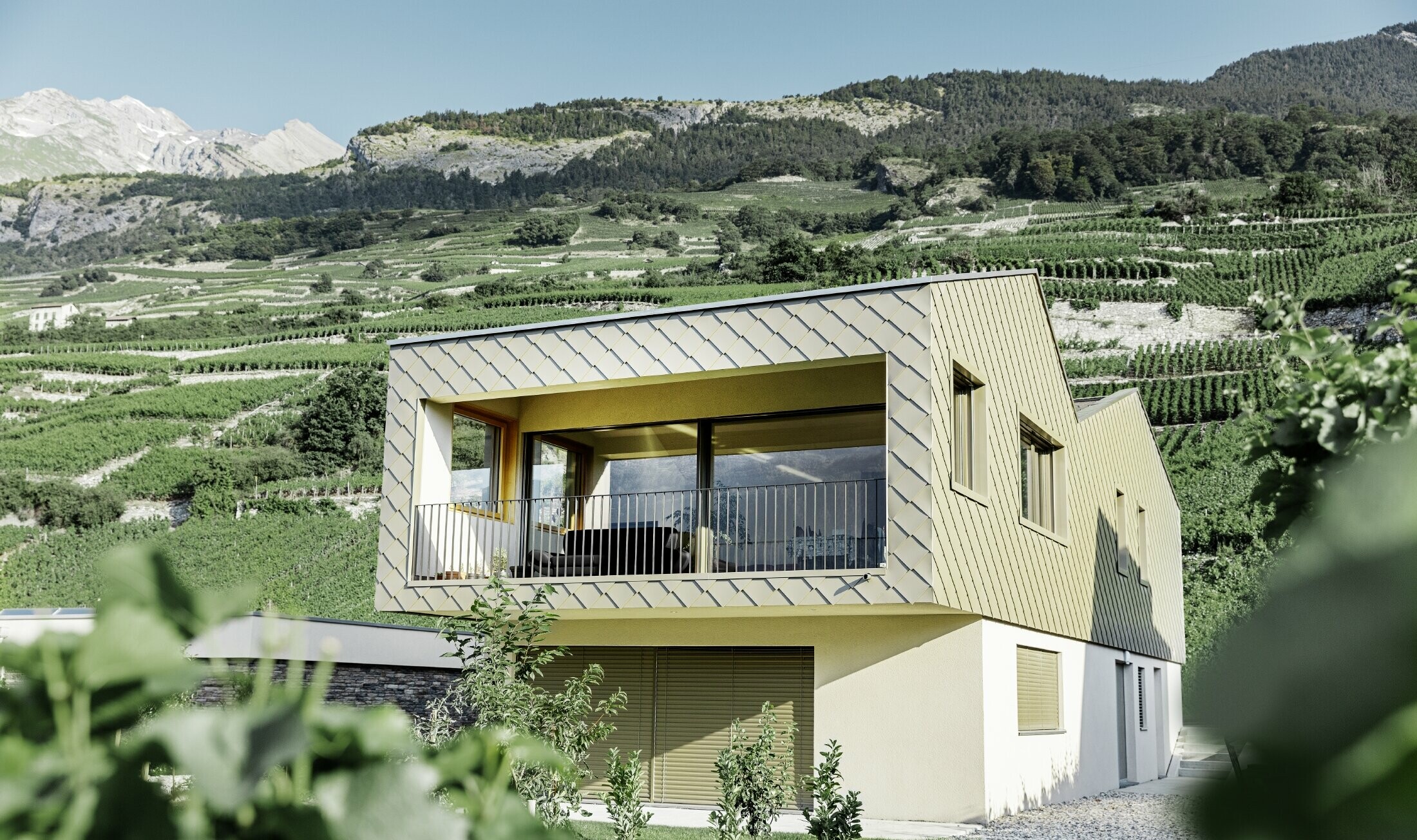 Modern detached house set in the heart of the Rhone valley vineyards with four different roof surfaces and an open gallery clad with rhomboid façade tiles in bronze