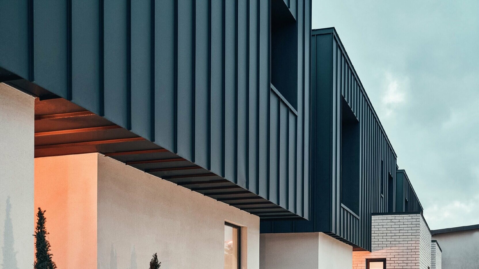 Modern entrance area with some plants, the façade of the upper floor is clad with Prefalz P.10 anthracite.