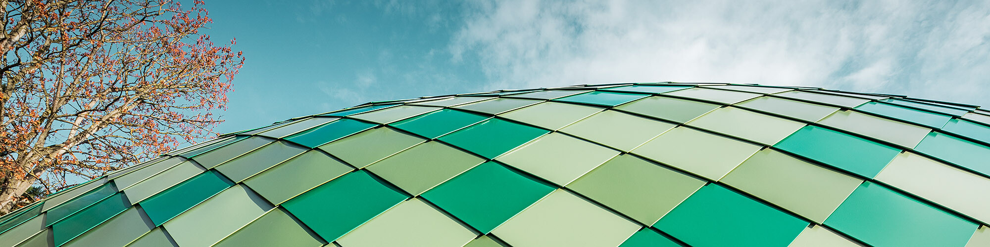 Close-up of the multiply curved aluminium façade in three different shades of green from PREFA, in the background, the sky and a tree can be seen.