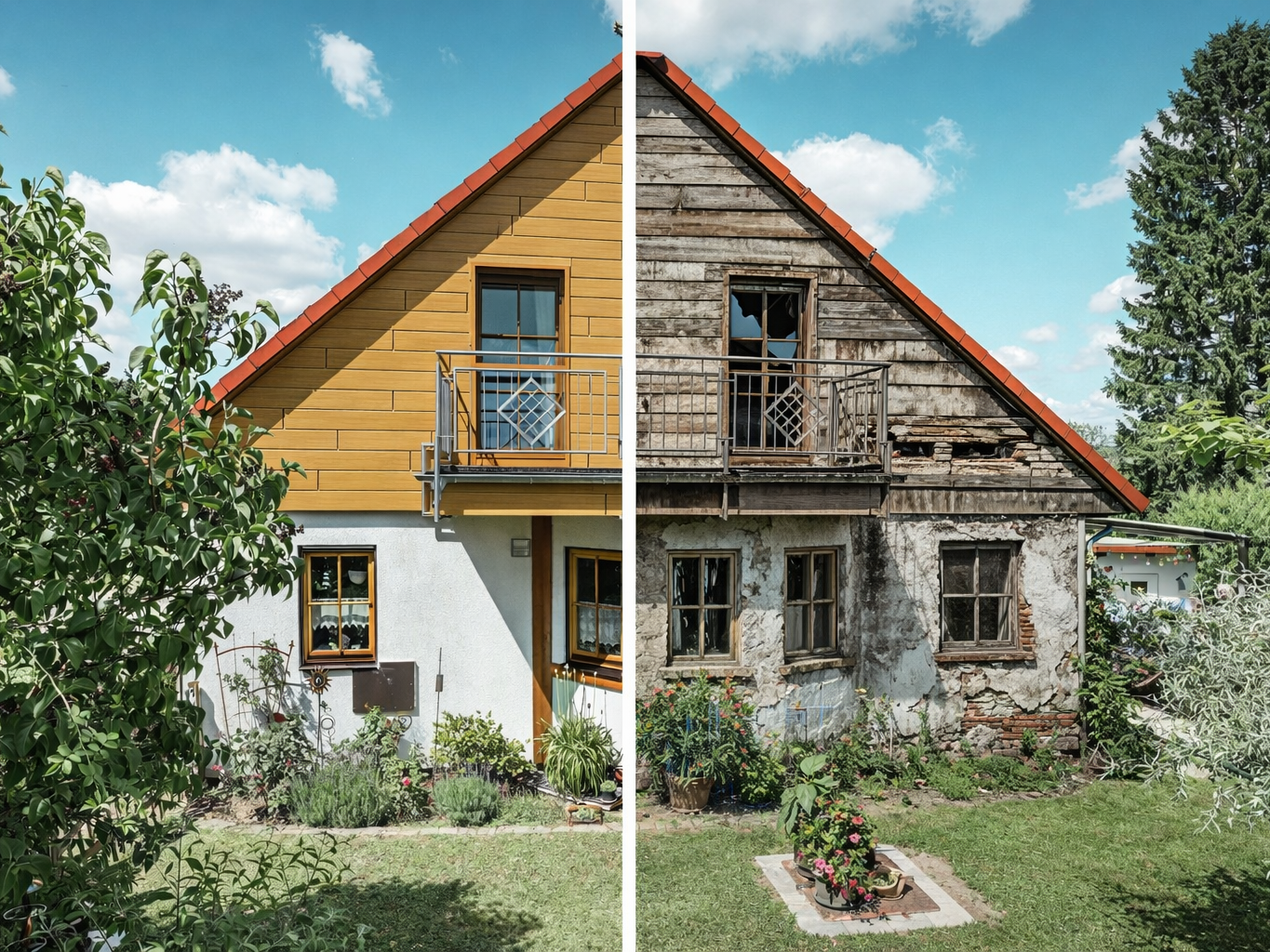 Photographic depiction of a house with two different façade sides: the left side shows a modern, well-maintained façade with a PREFA aluminium façade in wood look, while the right side depicts a dilapidated, weathered façade with broken windows and peeling paint. A clear dividing line marks the transition between the two states, under a clear blue sky.
