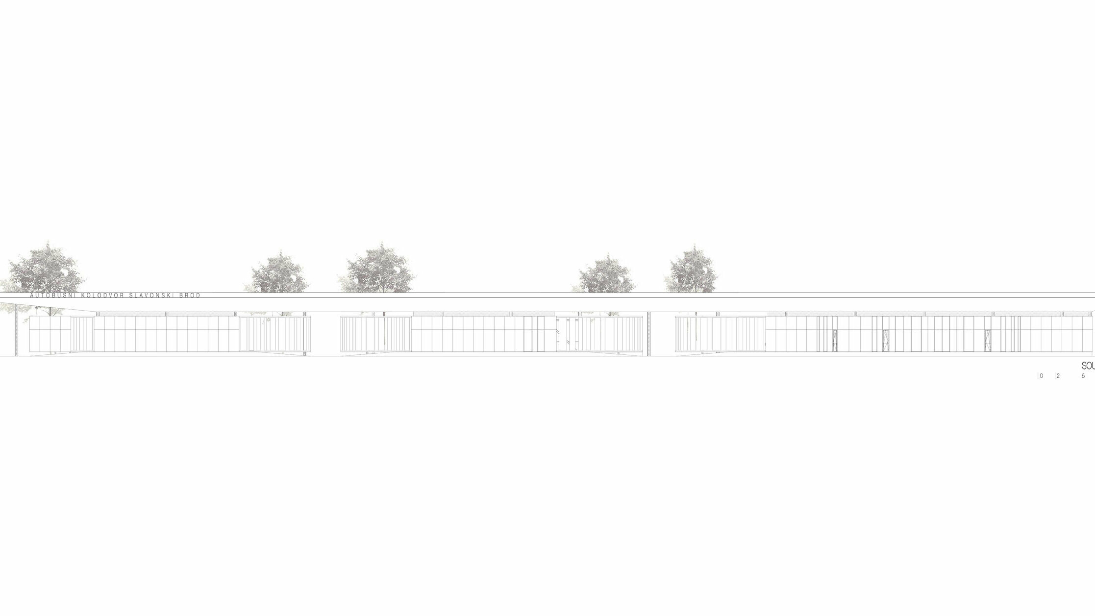 The drawing shows the southern view of the "Autobusni Kolodvor Slavonski Brod" bus stop in Croatia. The façade consists of a long, horizontal structure with large glass surfaces and slender columns. The white Prefalz roof from PREFA stretches the entire length of the building and is punctuated by several trees protruding from the roof. The lettering "Autobusni Kolodvor Slavonski Brod" is clearly visible on the roof. The south view emphasises the modern and clear architecture of the bus stop, which creates a harmonious and functional environment through the combination of glass, aluminium and integrated green spaces.