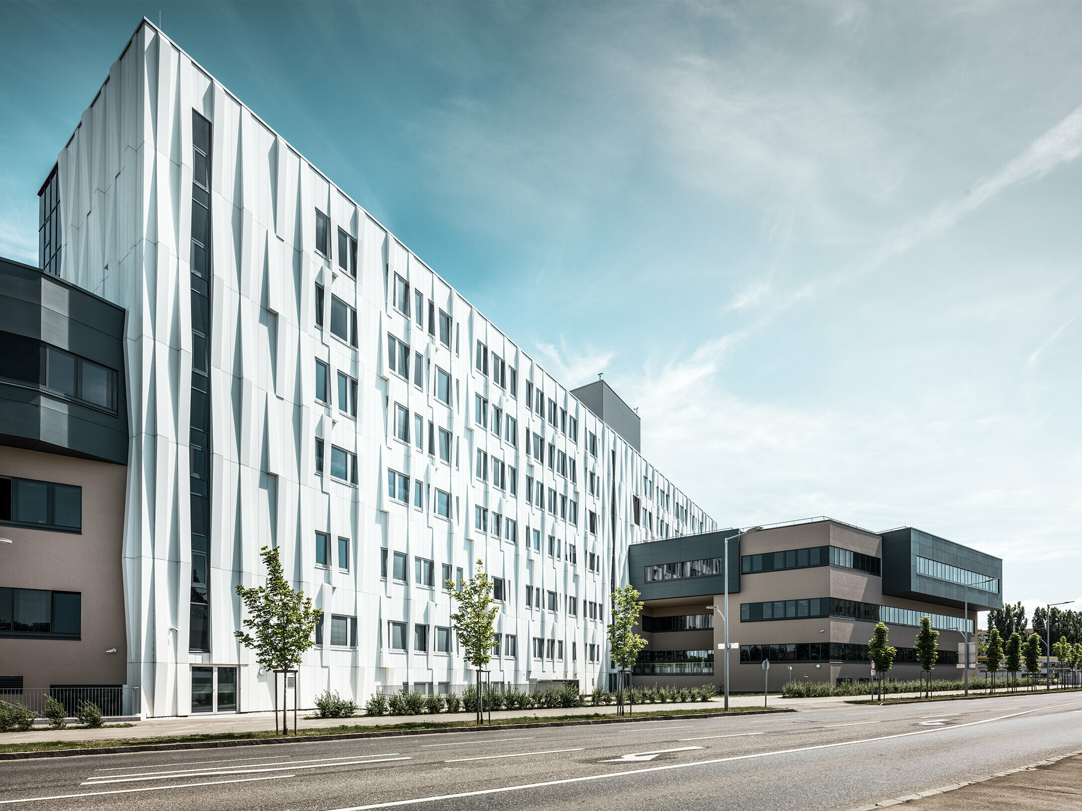 Lateral view of the University hospital. A street with some trees can be seen in the foreground.