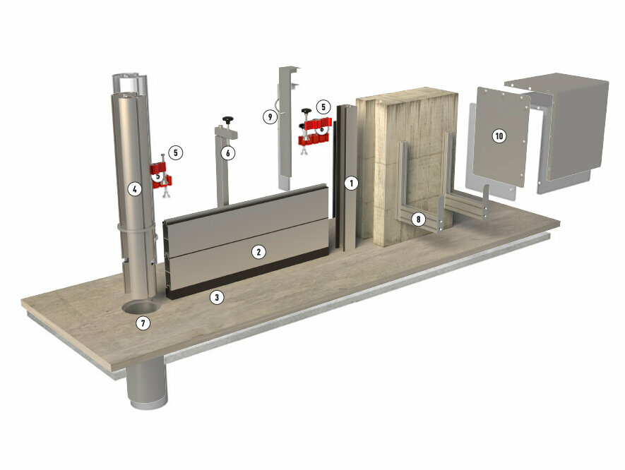 Detailed system drawing of the PREFA aluminium flood protection with individual components 