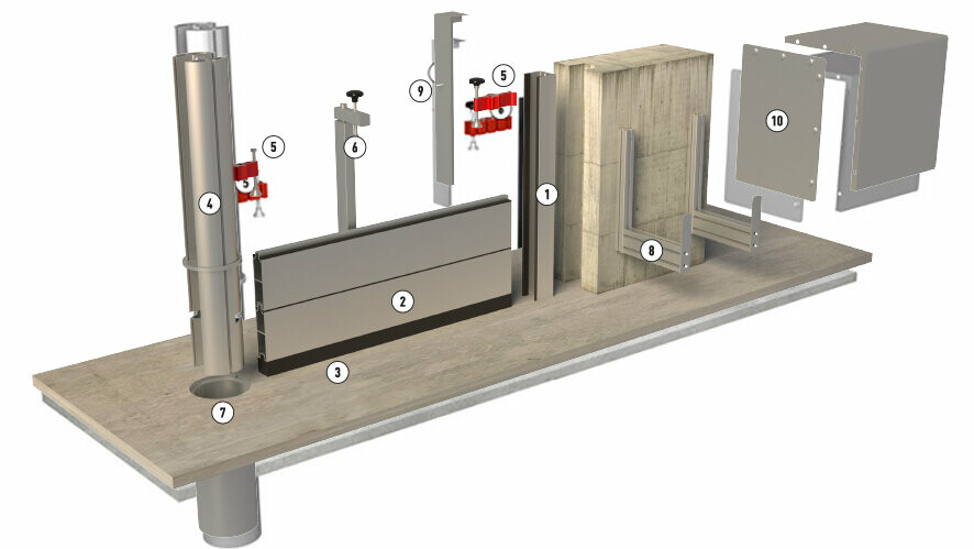 Detailed system drawing of the PREFA aluminium flood protection with individual components 