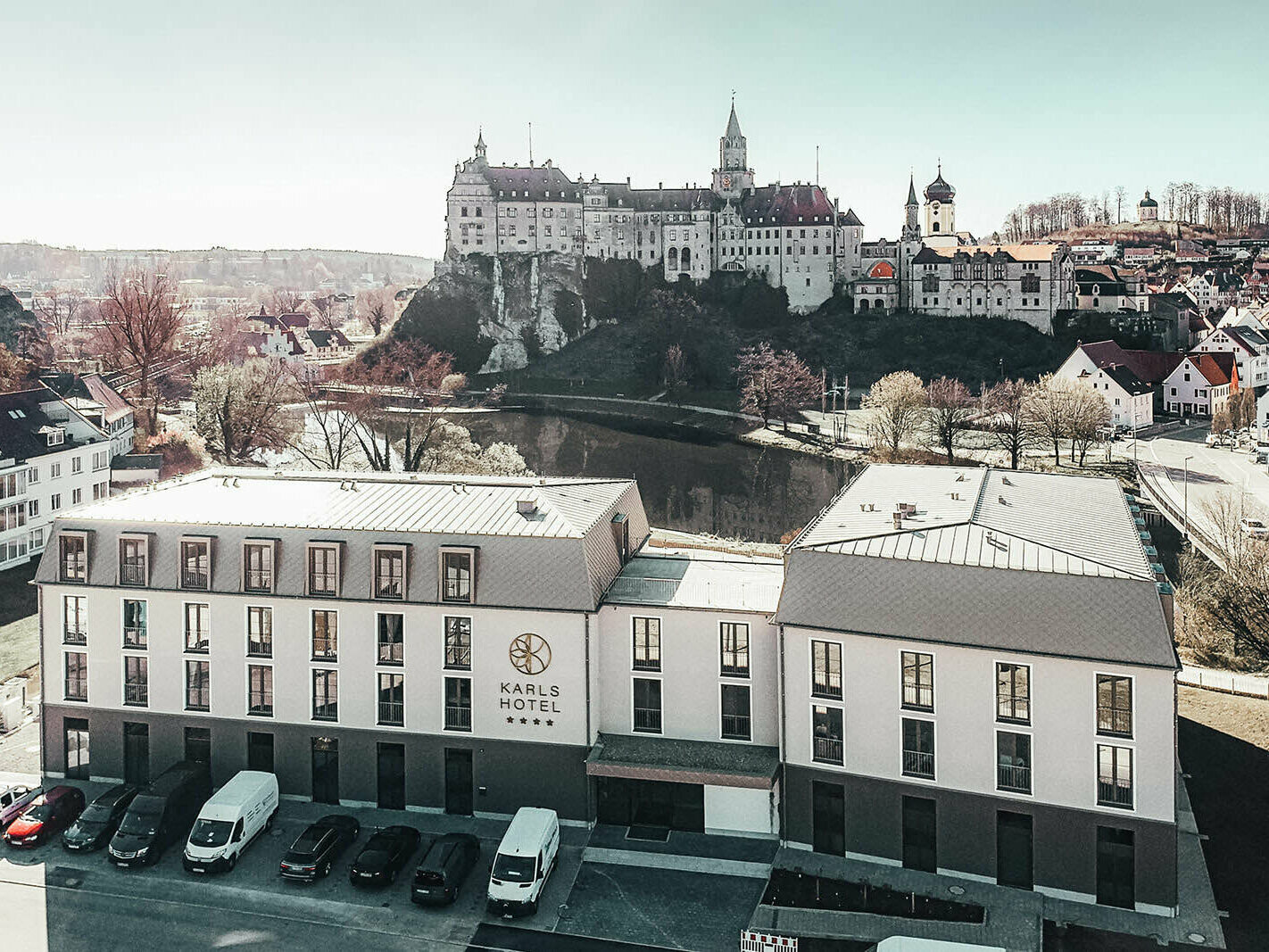 The front view from above of the Karls Hotel looking towards the Danube Sigmaringen Castle.