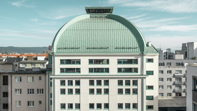 protestant church, Milan Michal Harminc, copper roof, administrative building, Spilka Offices, Prefalz, P.10 patina green, Bouda Masár, skyline, Bratislava, Slovakia