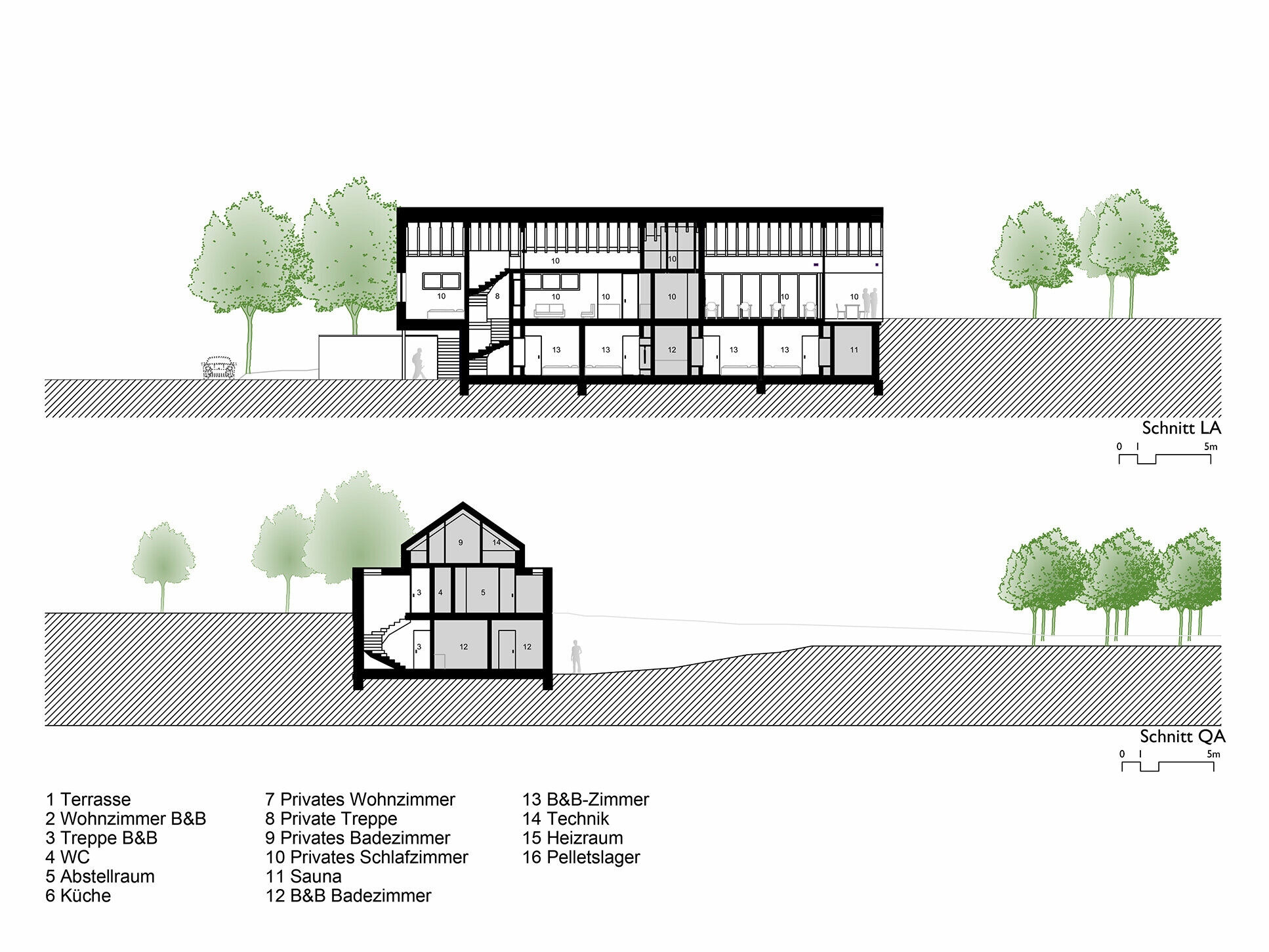 Plan with cross sections of the house from the west and south view.