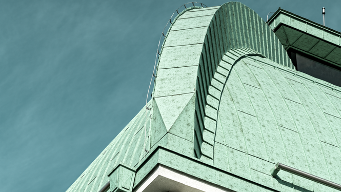administrative building, Spilka Offices, reconstructed cupola, Bouda Masár, Prefalz, P.10 patina green, monument protection, roof gutter, historically accurate