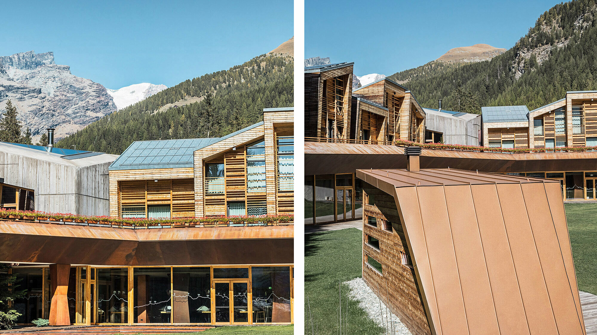 Left: A section of a side view of the resort, part of the concrete block as well as residential units and the lower floor are in view. Right: Side view of the CampZero resort, a unit with a sauna is in the foreground. 