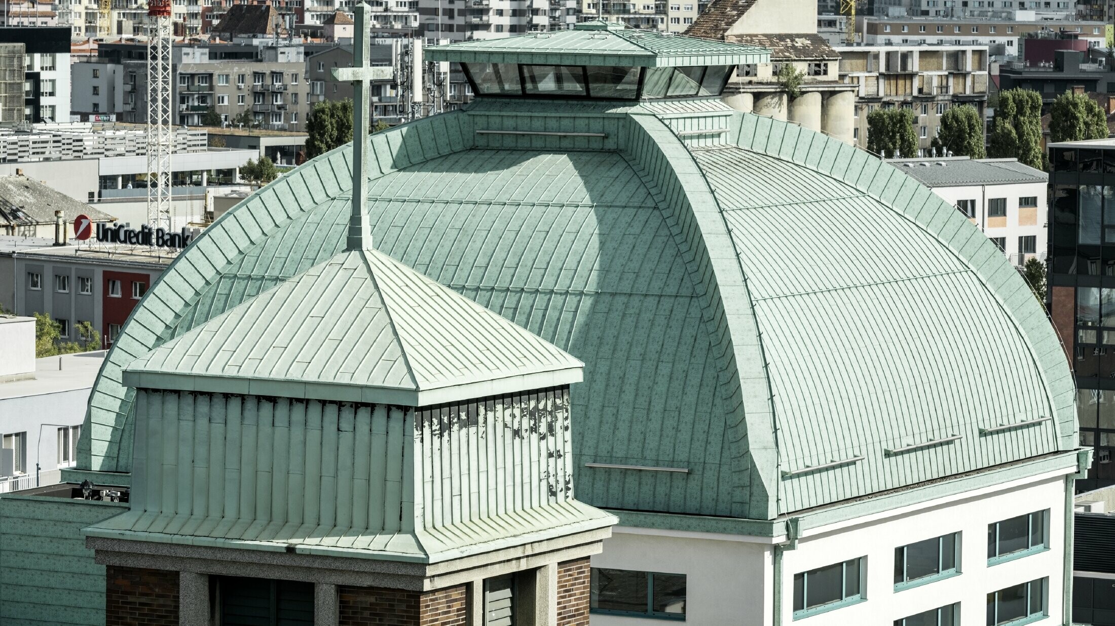 protestant church, Milan Michal Harminc, copper roof, administrative building, Spilka Offices, Prefalz, P.10 patina green, Bouda Masár, skyline, Bratislava, Slovakia