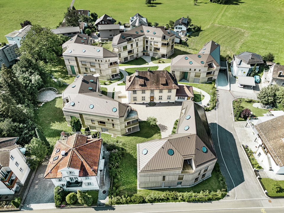 Luftaufnahme der modernen Wohnanlage in Liebwylen, Schweiz. Die Gebäude sind mit PREFALZ Aluminiumdächern in Braun gestaltet und verfügen über runde Dachfenster. Im Zentrum steht die historische Villa, umgeben von harmonisch angeordneten Neubauten, eingebettet in eine grüne Landschaft.