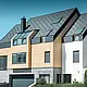 Contemporary new building, where the roof covering also extends over the upper part of the façade, aluminium rhomboid roof tiles in anthracite were used as roof cladding