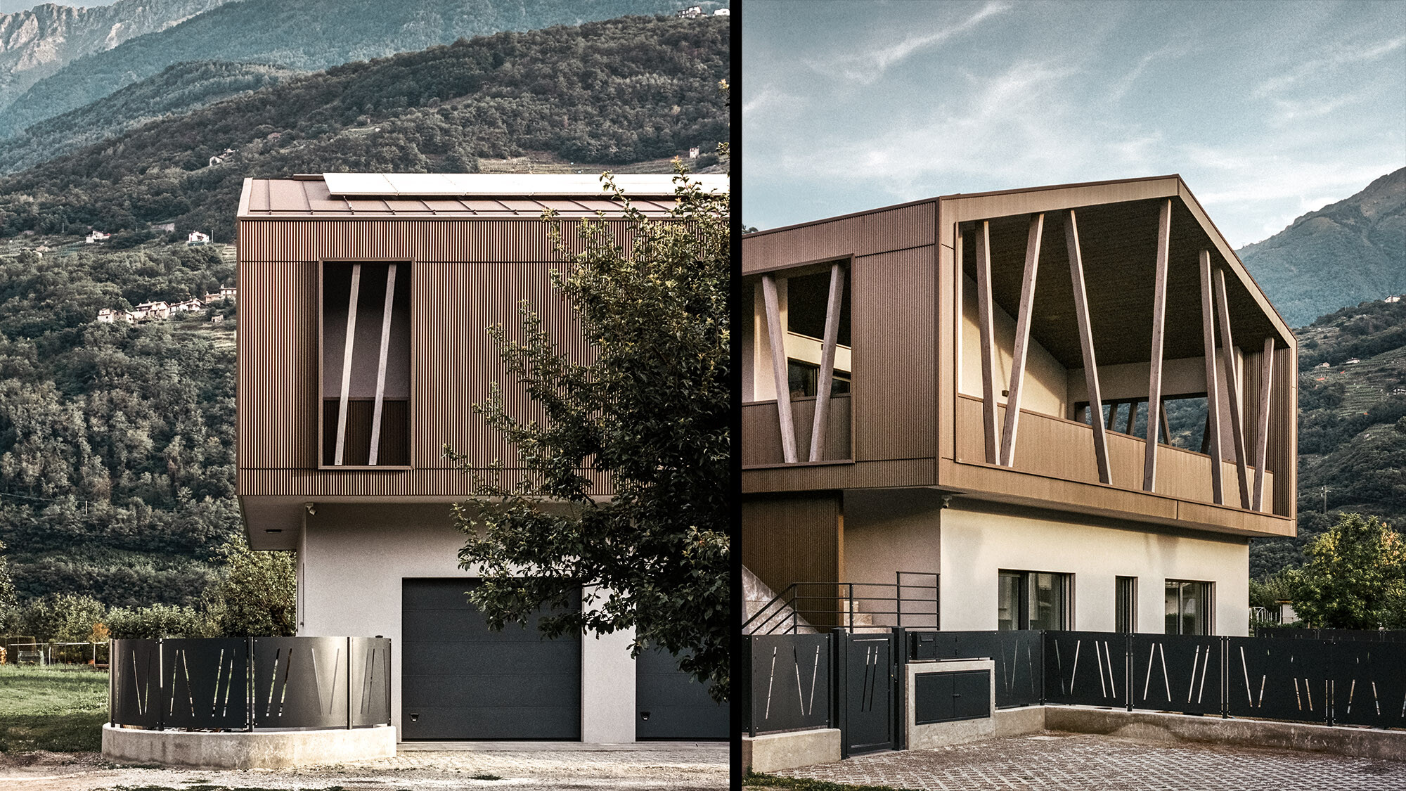 A montage of two shots of the building, both of which show the building with its serrated profile, the tilted wooden beams and the wooded mountain landscape in the background.