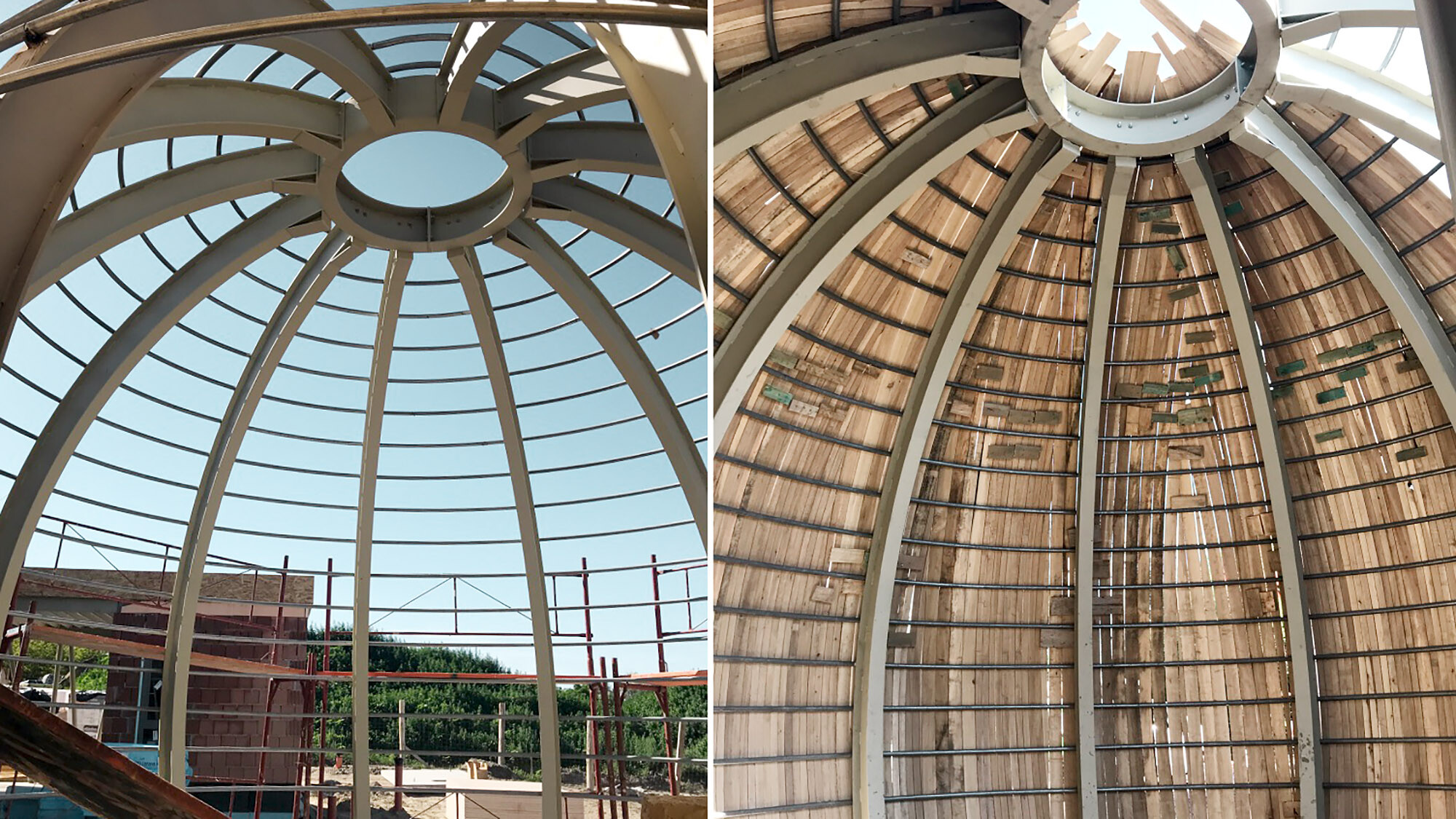Two construction site photos with interior views of one of the round rooms: on the left, the naked steel skeleton, on the right, the steel skeleton clad in bent poplar wood.