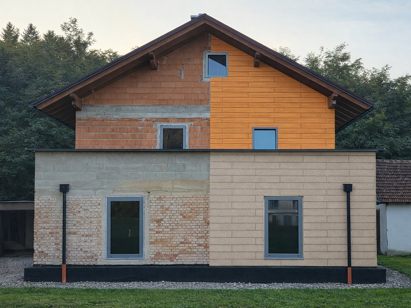 Photo service for façade renovation: professionally captured before-and-after images of a house with various façade materials for the realistic visualisation of renovation solutions. (Image edited by AI)